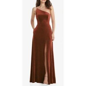After Six NWT One Shoulder Velvet Maxi Pocket Auburn Moon Dress Size 24